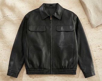 Black Faux Leather Bomber Jacket Men, Minimalist Vegan Moto Coat with Pockets, Oversized Harajuku Streetwear,Aesthetic Casual Fall Outerwear