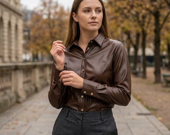 Women's Brown Faux Leather Button Down Shirt, Long Sleeve Metallic Blouse, Chic Vegan Silk Satin Look Top, Dark Mocha Slim Fit Party Wear