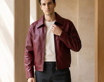 Mens Burgundy Genuine Leather Jacket - Vintage Slim Fit Maroon Biker Coat - Handmade Wine Red Streetwear Bomber - Classic Gift for Him Moto