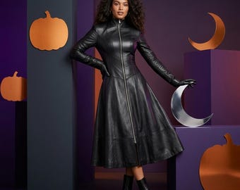 Long Black Leather Trench Coat for Women - Slim Fit Gothic Matrix Style Jacket with Full Zip and Flare Hem - Elegant Cosplay Steampunk Gown