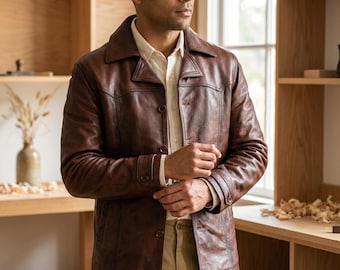 Vintage 70s Men’s Brown Leather Jacket - Distressed Retro Western Blazer Coat - Handmade Genuine Hide Biker Outwear - Classic Birthday Gift