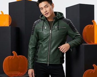 Men's Dark Green Leather Biker Jacket with Hood: Slim Fit Quilted Shoulder Moto Outerwear, Tactical Urban Streetwear, Black Ribbed Accents