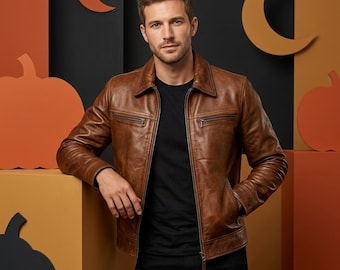 Mens Brown Leather Jacket, Handmade Slim Fit Real Lambskin Biker Coat, Vintage Distressed Motorcycle Outerwear, Classic Casual Fashion Gift