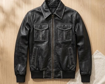 Men's Black Real Leather Jacket - Slim Fit Distressed Bomber Style, Full Grain Cowhide Biker Coat, Vintage Casual Outerwear, Gift for Him