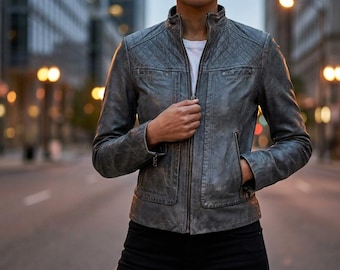 Vintage Grey Real Leather Jacket Women, Distressed Quilted Biker Moto Coat, Slim Fit Standing Collar Outwear, Unique Birthday Gift for Her