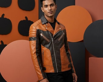 Men's Two-Tone Leather Biker Jacket, Orange & Black Slim Fit Motorcycle Gear, Padded Shoulders Cafe Racer Coat, Quilted Retro Autumn Fashion