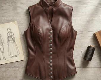 Brown Leather Underbust Corset Vest, Victorian Steampunk Waistcoat for Women, Renaissance Medieval Bodice, Gothic Pirate Cosplay Outerwear