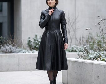 Black Leather Midi A-Line Dress with Full Zipper, High Neck Short Sleeves, Opera Length Gloves & Pleated Skirt | Goth Chic Edgy Luxury Style