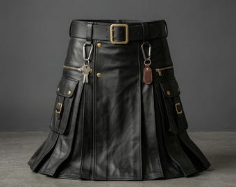 Men's Black Leather Tactical Utility Kilt - Modern Cargo Style Warrior Skirt with Pockets & Metal Hardware for Gothic, Punk, or Renaissance