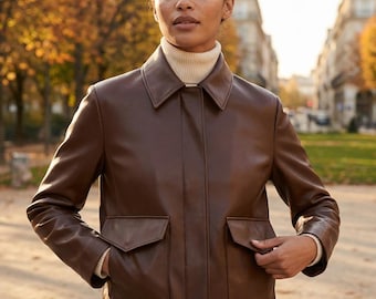 Vintage Brown Cropped Leather Jacket for Women - Faux Leather Shirt Style Biker Coat with Pockets - Chic Minimalist Fall Fashion Outerwear