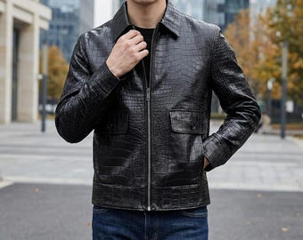 Men's Black Crocodile Embossed Leather Bomber Jacket, Exotic Faux Alligator Skin Textured Biker Coat with Pockets, Stylish Slim Fit Outwear.