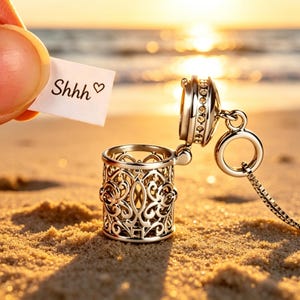 May include: A silver-coloured, openwork pendant with an open lid, resting on sand. The pendant is attached to a chain. A small card held nearby reads "Shhh ♡". The background shows a blurred ocean and sunset.