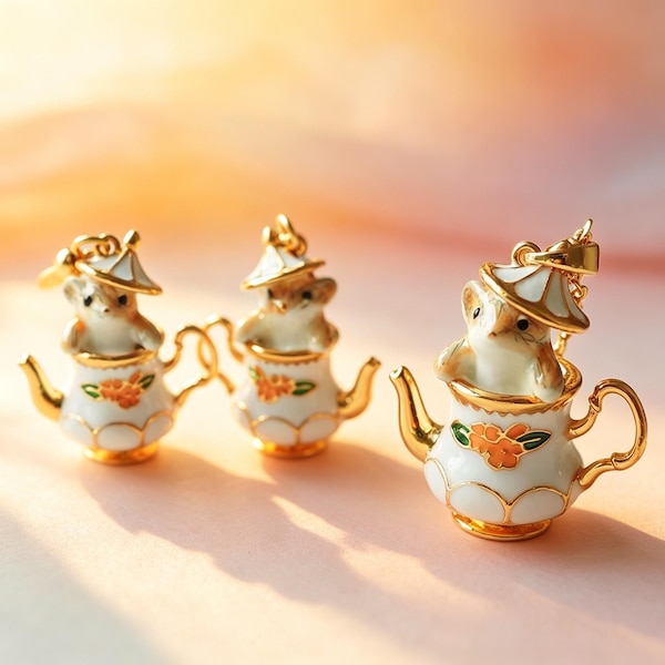 Enamel Teapot Hamster Jewelry Set – Whimsical Animal Tea Party Accessory
