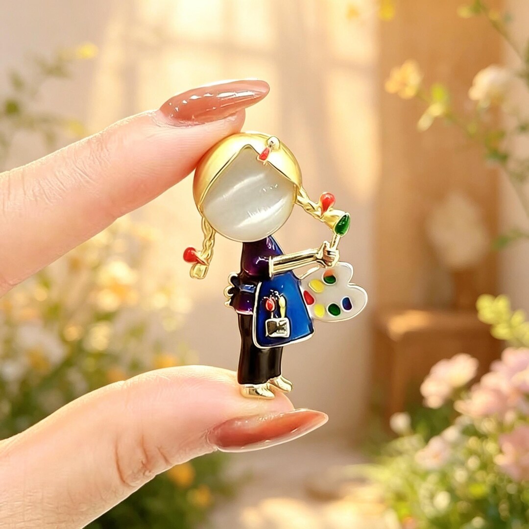 Whimsical Artist Girl Enamel Brooch - Cute Painter Pin With Palette ...
