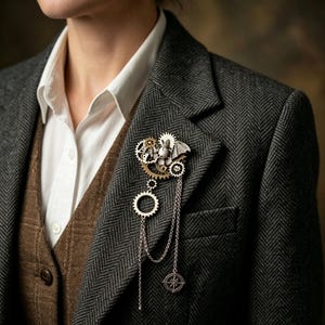 Puede incluir: Broche de estilo steampunk con un murciélago, engranajes y un colgante de brújula. El broche, hecho de metal plateado y dorado, está prendido a un blazer de tweed gris oscuro. El diseño incorpora intrincados detalles mecánicos y cadenas colgantes.