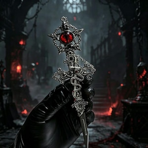 May include: Ornate silver dagger with a cross-shaped handle and a star-shaped top, featuring a red gemstone eye. The dagger is held by a gloved hand against a dark, gothic background with red lighting.
