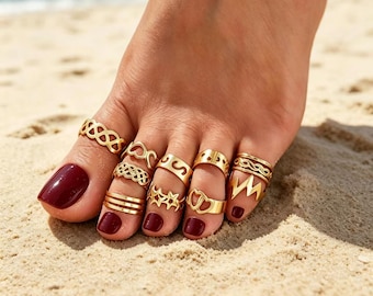10 anillos ajustables dorados para los dedos de los pies para mujer, conjunto de joyería bohemia para los pies, accesorios de playa de verano, anillos para nudillos con forma de corazón y estrella, regalo para ella, paquete de 10