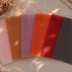 Puede incluir: Un conjunto de seis láminas rectangulares de malla plástica dispuestas en abanico. Las láminas presentan un patrón de cuadrícula y vienen en colores distintos que incluyen rosa claro, amarillo mostaza, lavanda, naranja brillante, rojo oscuro y gris carbón.