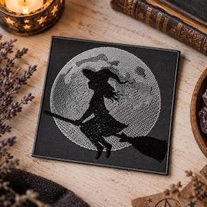 Witch Embroidered Patch, Witch on Broom Iron-Free Sew On Applique, Gothic Halloween Patch, Moon Witch Badge, 15.5 cm (6.1 in)