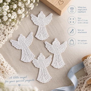 May include: Four white lace angel patches with intricate embroidery details. Each patch measures 9.9 x 7.2 cm and features a sew-on attachment. The design includes a halo, wings, and a flowing gown. Text on the image includes White lace angel patch, Size 9.9 x 7.2 cm, Sew-on attachment, Set options 2/3/5 pcs, and A little angel for your special projects.
