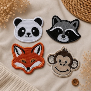 Djurtygslappar att sy på, panda räv tvättbjörn apa broderade applikationer, klädlagningslapp, broderade lappar, gör-det-själv-pyssel, set om 3 5 10