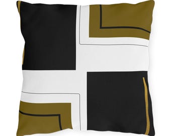 Modern Geometric Cross Outdoor Pillow | Black White gold