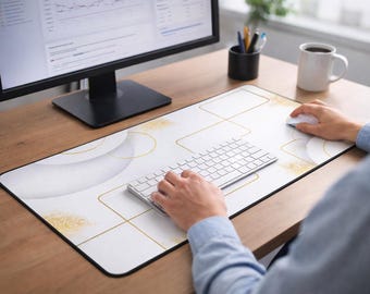 Minimalist Gold Geometric Desk Mat | White Circles, Modern Office Mousepad
