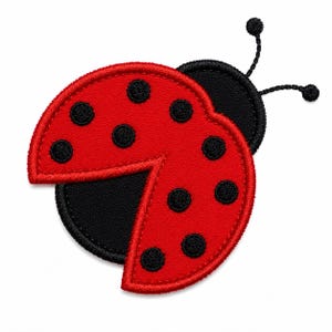 May include: A ladybug-shaped embroidered patch featuring a bright red wing section with black circular spots. The patch includes a black circular base, a black head section, and two thin black antennae extending upwards with small rounded tips.