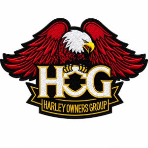 May include: Embroidered patch featuring a bald eagle with red and black wings, a white head, and a yellow beak. The patch includes the text "HOG HARLEY OWNERS GROUP" in white and yellow.