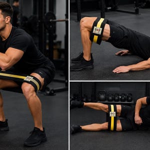May include: A wide, black fabric resistance band featuring two horizontal yellow stripes and a central white rectangular patch with the black text "CK" and a barbell icon. The band is shown in use during squats, glute bridges, and leg lifts.