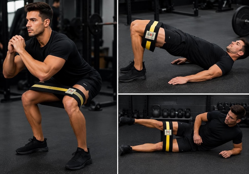 May include: A wide, black fabric resistance band featuring two horizontal yellow stripes and a central white rectangular patch with the black text "CK" and a barbell icon. The band is shown in use during squats, glute bridges, and leg lifts.