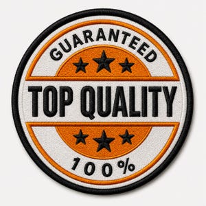 Top quality guaranteed embroidered patch badge design in orange, black, and white colors on white background.