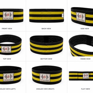 May include: A black and yellow striped fabric resistance band featuring a rectangular white patch with the text "dk" and "DRAGON FITNESS" in the center. The band is shown from multiple angles including front, back, side, top, bottom, and inside views.
