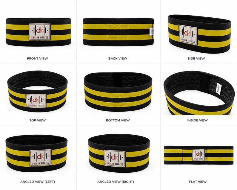 May include: A black and yellow striped fabric resistance band featuring a rectangular white patch with the text "dk" and "DRAGON FITNESS" in the center. The band is shown from multiple angles including front, back, side, top, bottom, and inside views.