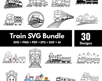 Vintage Train SVG Bundle (30 Designs) Steam Engine Silhouette PNG, Locomotive Cut Files, Railroad Clipart & Train Decal for Cricut