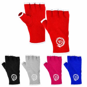 May include: A collection of fingerless gloves in red, black, gray, pink, and blue. Each glove features a white trim at the fingers and wrist, and a white circular logo with the letters ck surrounded by a stylized dragon graphic on the back.