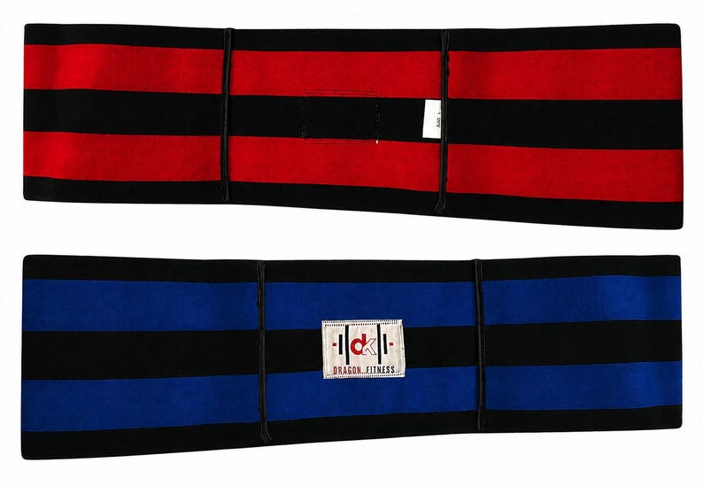 May include: Two rectangular fitness wraps featuring horizontal stripes. The top wrap is red and black with a small white tag. The bottom wrap is blue and black with a white rectangular patch displaying the text "dk" and "DRAGON FITNESS".
