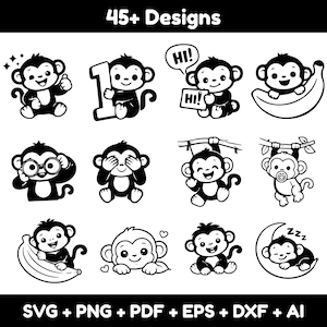 Pakiet Kawaii Monkey SVG | Pliki do cięcia Baby Chibi Monkey (pobieranie cyfrowe)
