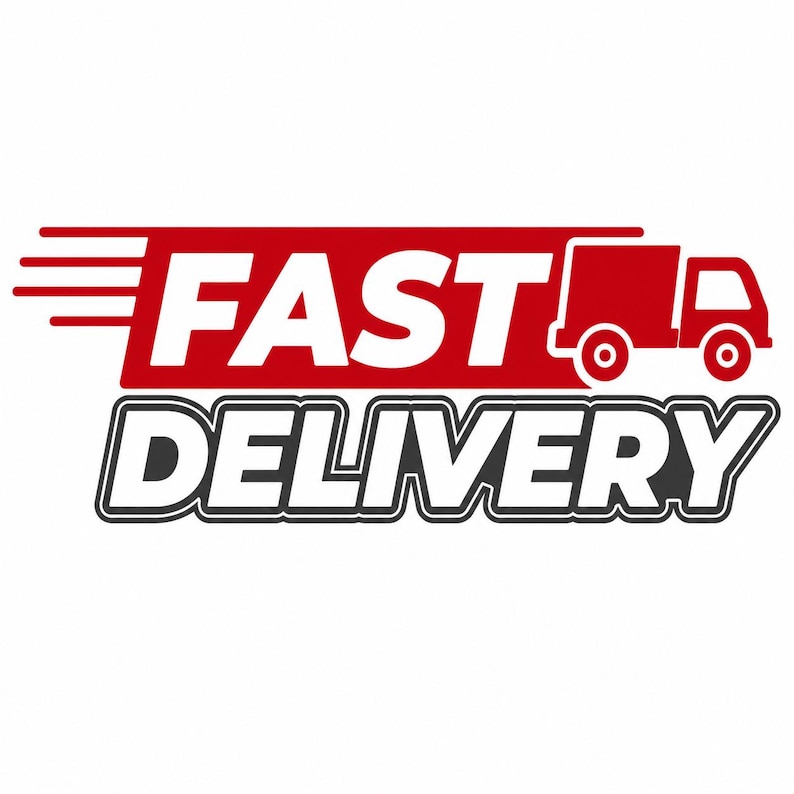 May include: A graphic logo featuring the text FAST DELIVERY in bold white capital letters on a red rectangular background with horizontal motion lines and a stylized red delivery truck icon positioned on the right side of the text.