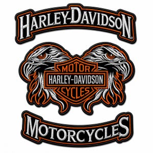May include: A set of Harley-Davidson patches featuring the brand's logo and eagle graphics. The patches are black with white and orange accents. The text "HARLEY-DAVIDSON" and "MOTORCYCLES" are displayed in a curved banner.