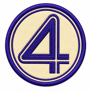 May include: A circular embroidered patch featuring a bold, dark blue number four centered on a cream-colored background. The design is enclosed by a thick, dark blue stitched border, creating a clean, defined edge for this textile emblem.