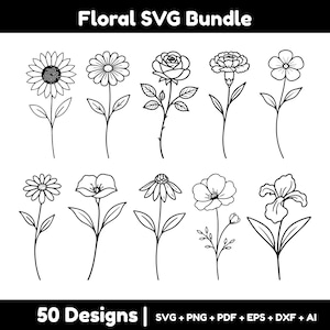 May include: A black and white floral SVG bundle featuring various flower designs, including sunflowers, roses, and daisies. The text "Floral SVG Bundle" is at the top, and "50 Designs" is at the bottom. The file formats are listed below the text.