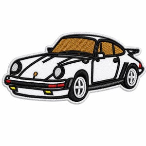 May include: An embroidered patch featuring a white sports car with black trim, gold-colored windows, and a rear spoiler. The design includes circular headlights, black wheels, and small yellow and red accents on the front bumper, all outlined in white.