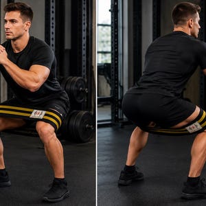 May include: A black resistance band with two horizontal gold stripes and a central white rectangular label featuring a red and black logo. The band is positioned around the thighs, worn over black athletic shorts and a black t-shirt.