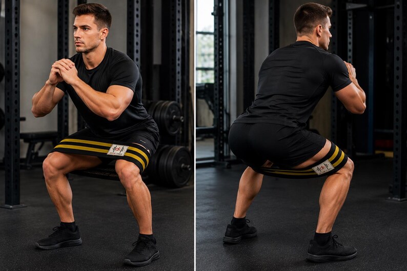 May include: A black resistance band with two horizontal gold stripes and a central white rectangular label featuring a red and black logo. The band is positioned around the thighs, worn over black athletic shorts and a black t-shirt.