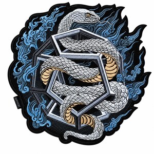May include: A circular embroidered patch featuring a white snake with gold underbelly scales coiled around a geometric cube structure. The design is surrounded by stylized blue flame-like patterns on a black background with a small black tag.