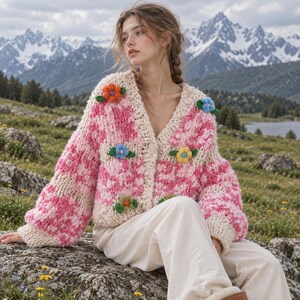 Hand-Knitted Colorful Flower Cardigan Floral Knit Cardigan Chunky Oversized Wool Blend Cottagecore Fall Winter Womens Sweater