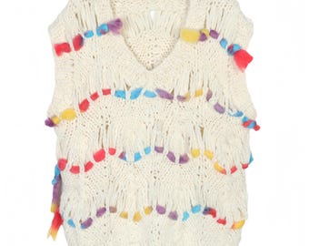 Hand-Knitted Chunky Knit Vest Colorful Tassel Crochet Sweater Vest Boho Retro Knit Waistcoat for Women Fall Winter Layering Piece