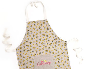 Personalized Linen Apron Kids For Boys Girls, Embroidered Name Cooking Apron With Pockets