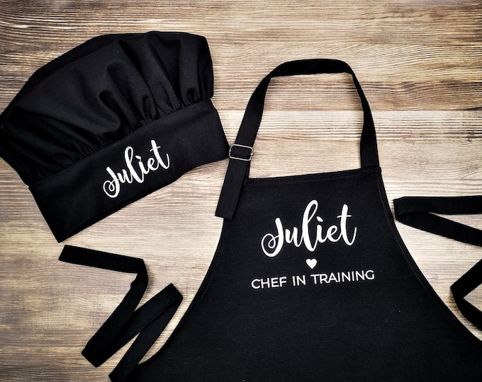 Black Kids Apron and Chef Hat Set Personalized Embroidered Cooking Baking Party Gift
